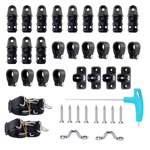 Accskzo Boat 3 Bow Bimini Top Fittings Hardware Set for Boat Canopy Fit 7/8 inch Tubing Black Nylon Eye End Caps Jaw Slide Deck Hinge Deck Loop Pad Eye Bimini Top Straps with Installation Screw