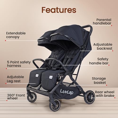 Image of LuvLap Grand Twin Baby Stroller, Pram for 0 to 3 Years twins with 5 Point Safety Harness, Large Storage Basket, Heavy duty Wheels, Easy Fold, Extendable Canopy, Multilevel Recline & Adjustable footrest