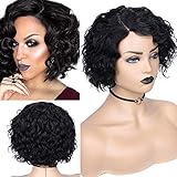 Short Curly Human Hair Wig Lace Part Wavy Glueless Wigs Bob Wig Brazilian Virgin Hair Wig for Black...