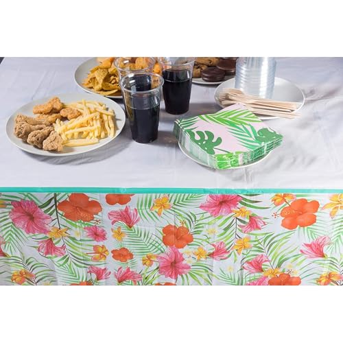 Image of BLUE PANDA Plastic Table Cover - Spill-Resistant Plastic Tablecloth - Vibrant Hibiscus Print for Luau Decor - Disposable Cover for Baby Shower Decoration - 54 x 108 in, Pack of 3, Multicolor