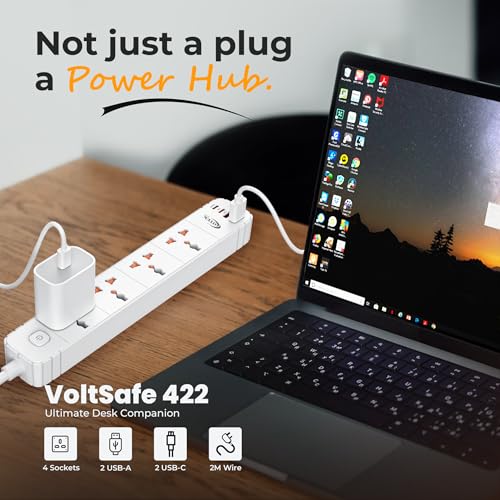 Image of OTEK Extension Board Power Strip 4 Universal Sockets 2 USB Type A 2 Type C Ports 2 Meter Cord 2500W 10A Surge Protector Fire Resistant ABS Body White for Home Office