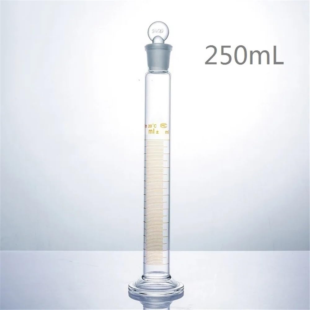 Cristalería de Laboratorio Probeta graduada de 250 ml con tapón de vidrio esmerilado y base redonda de vidrio.