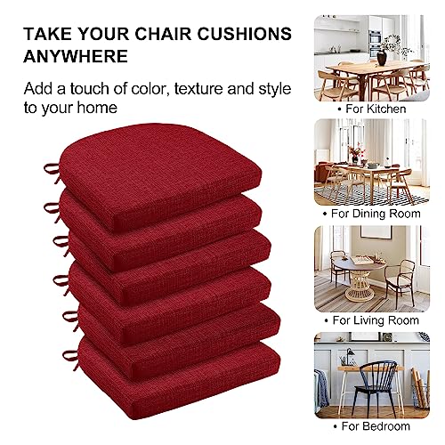 Image of Wellsin Chair Cushions for Dining Chairs 6 Pack - Kitchen Chair Cushions with Ties and Non-Slip Backing - Dining Chair Pads 16 inchX16 inchX2 inch, Red