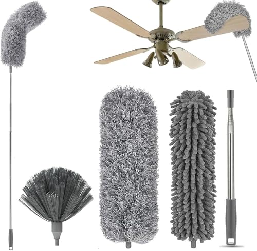 Image of 3 in 1 Microfiber Feather Duster Bendable & Extendable Pole 30-100 Inch Extra Long Extension Pole for Cleaning High Cobweb Stick High Ceiling Fan - Stainless Steel,Grey