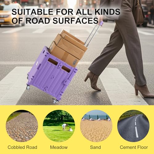 Image of Foldable Utility Cart Folding Portable Rolling Crate Handcart with Durable Heavy Duty Plastic Telescoping Handle Collapsible 4 Rotate Wheels for Travel Shopping Moving Luggage Office Use (Purple)