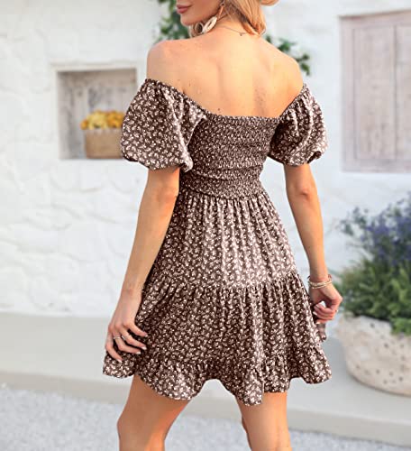 Veatzaer Women's Puff Sleeve Square Neck Smocked Babydoll Dress Boho Floral Print Off Shoulder Ruffle Mini Short Dress3