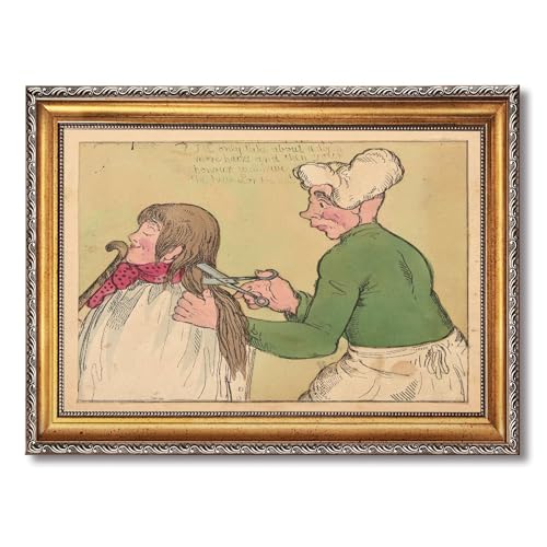 Vintage Framed Haircut Scene Wall Art Canvas Print Oil Paintings