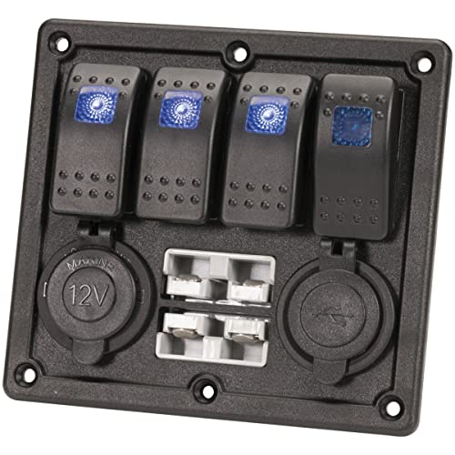 4 Way Illuminated Switch Panel with USB, 12V and 2 x Battery Plugs