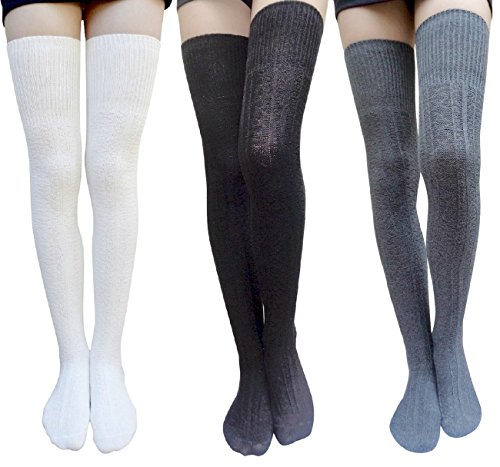 AM Landen Thigh High Socks Boot Socks Leg Warmer Over Knee High Socks Cable Knit Socks(Black+Gray+Off-White)