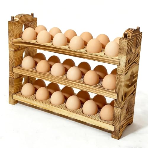 Egg Holder Countertop Farmhouse Decor - Wooden Fresh Eggs Storage for Counter - Pine Wood Egg Organizer Tray Racks