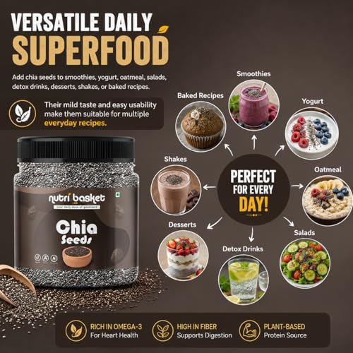Image of NUTRI BASKET Premium Chia Seeds 250g | Raw & Non-GMO Chia Seeds for Eating | Rich in Fiber, Protein, Calcium & Omega 3 | Healthy Superfood for Smoothies, Salads, Baking & Diet Food