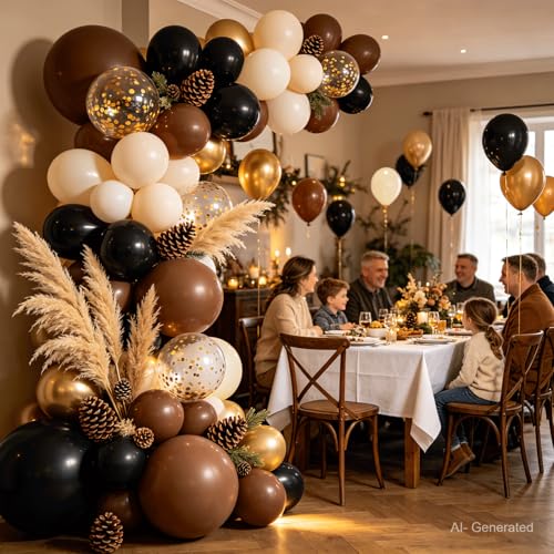 Image of Brown Black Balloon Arch Kit, Sand White Gold Black Tan Balloons Dark Brown Beige Gold with Confetti Balloons Garland for Wild Western Cowboy Country Birthday First Rodeo Party Decoration