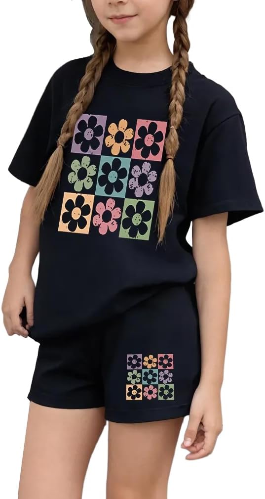 NEW 6-14 Years Girls 2 Piece Outfits Cotton T-Shirt and Shorts Set with Pockets Casual Wear