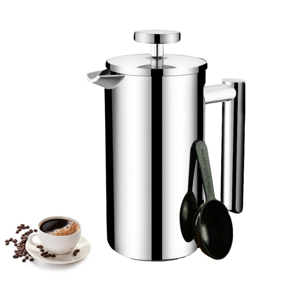 Cafetiere a Piston en Acier Inoxydable 1000ml, CafetièRe Isotherme Double Paroi, Garde le Café Chaud, Amovible, Facile à Nettoyer, French Press pour La Maison, Le Camping et Le Bureau