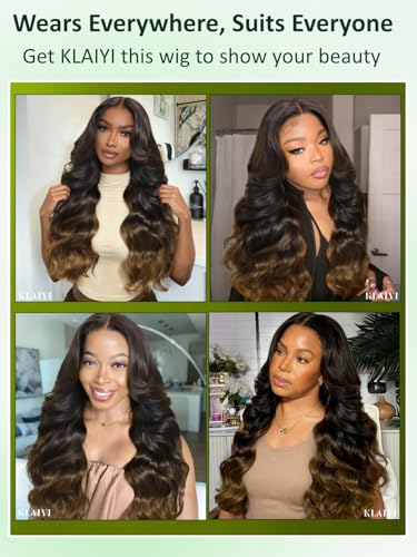 Image of KLAIYI Ombre Brown Loose Body Wave 13x4Pre Everything Lace Frontal Chestnut Brown Drawstring Wig with Face Framing Layers Precut Lace Pre Plucked Bleached Bye Bye Knots Ready to Wear and Go Wig 26Inch