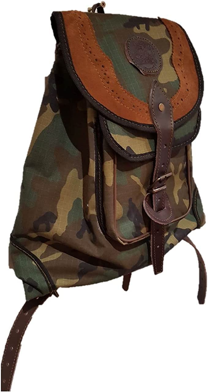 Zurrón mochila de caza en cordura de camuflaje, mochila de caza con bolsillo exterior. con piel serraje.