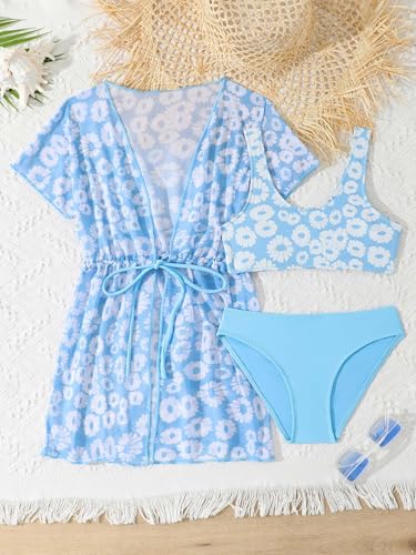 Kids Girls 3-Piece Spaghetti Straps Swim Tops and Bottom Set Bathing Suit Swimsuit with Dress Cover Up3