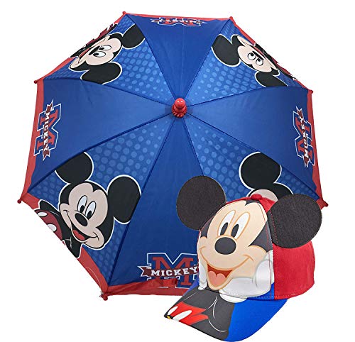 Disney Junior Mickey Mouse Boys Red and Blue Umbrella w/Baseball Cap Hat Age 4-7