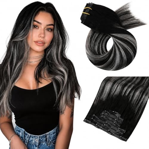 Image of Moresoo Clip in Hair Extensions Real Human Hair, Balayage silver, PU Weft | Clip in human hair extensions, ombre natural to silver, 14inch 120g 7pcs, for edgy fashion users, for futuristic styling