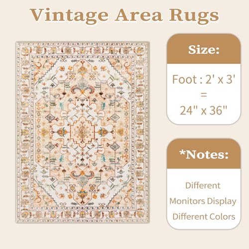 SERISSA Boho Rugs for Entryway, 2x3 Light Yellow Entryway Rug Non-Slip Washable Small Area Rug, Ultra Soft Vintage Low-Pile Indoor Door Mat Floor Carpet for Entrance Bedroom Kitchen Bathroom