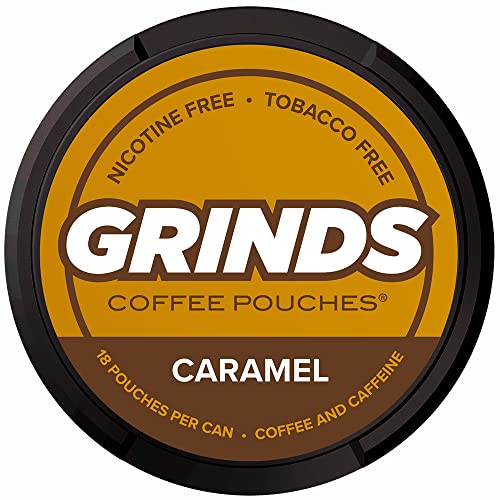 Grinds Coffee Pouches | 3 Cans of Caramel | Tobacco Free, Nicotine Free Healthy Alternative | 18 Pouches Per Can | 1 Pouch eq. 1/4 Cup of Coffee (Caramel)