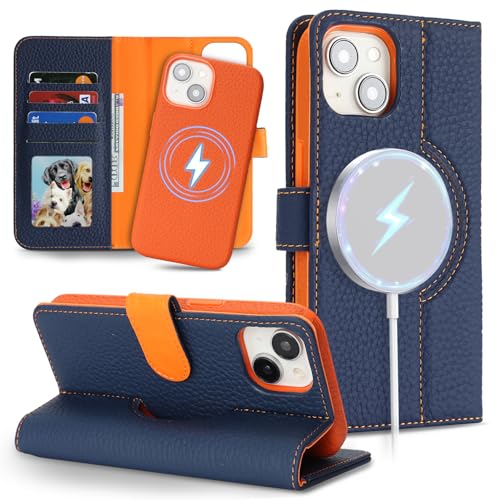 Image of Detachable Genuine Leather Case for iPhone 13 /14 Wallet Case Magnetic 2in1 Removable Flip Cover Book Purse Compatible with Magsafe Charging Kickstand Card Holder-Navy Blue+Orange