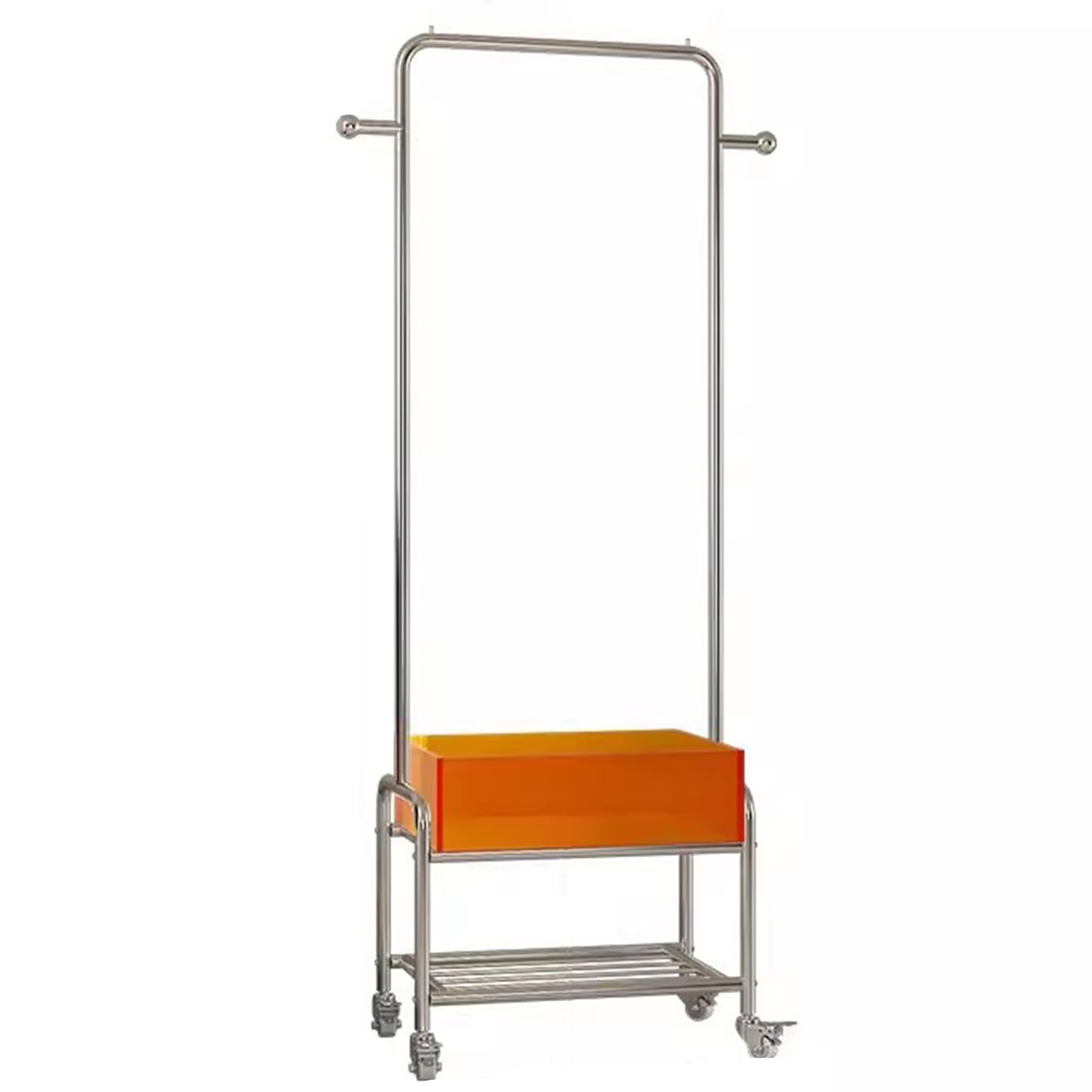 Garderobenständer Silberner Edelstahl Kleiderständer Auf Rädern, Moderner Kleiderablage Mit Aufbewahrungsboxen Aus Acryl Und 2 Haken, Freistehender Garderobe Fürs Schlafzimmer, 55(Color:Silber+Orange)