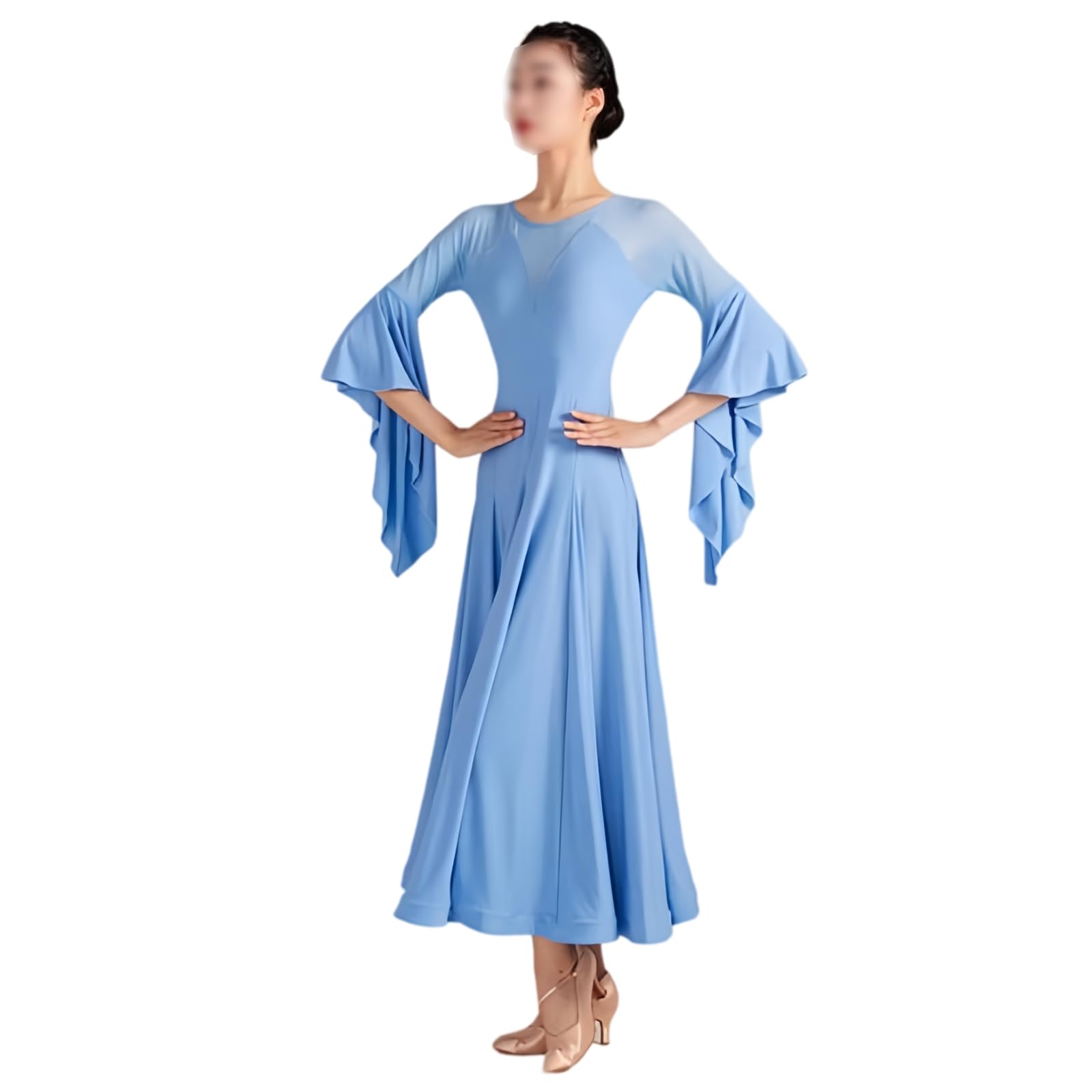 Damen Standard Tanzkleid, Elegantes Midi Kleid Mit Mesh-Einsatz Und Glockenärmeln Für Walzer Tango Foxtrott Training Und Auftritt