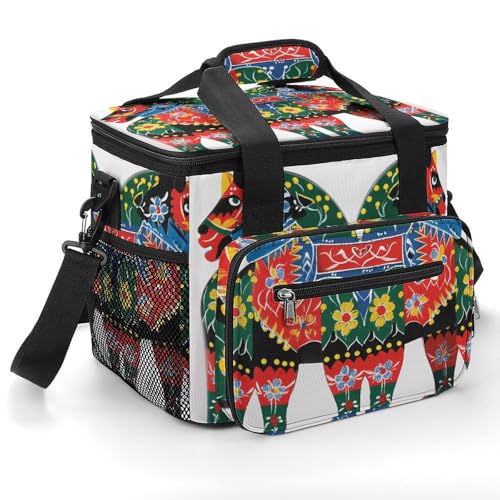 Grande capacità Oxford Cloth Runner svedese Dala Horse Folk stampato Camping Ice Bag, isolamento portatile all'aperto e borsa di conservazione del freddo, godetevi un fresco tempo di campeggio