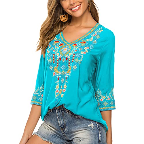LauraKlein Women's Boho Embroidered Peasant Tops 3/4 Sleeve V Neck Mexican Bohemian Shirts Tunics Blouses3