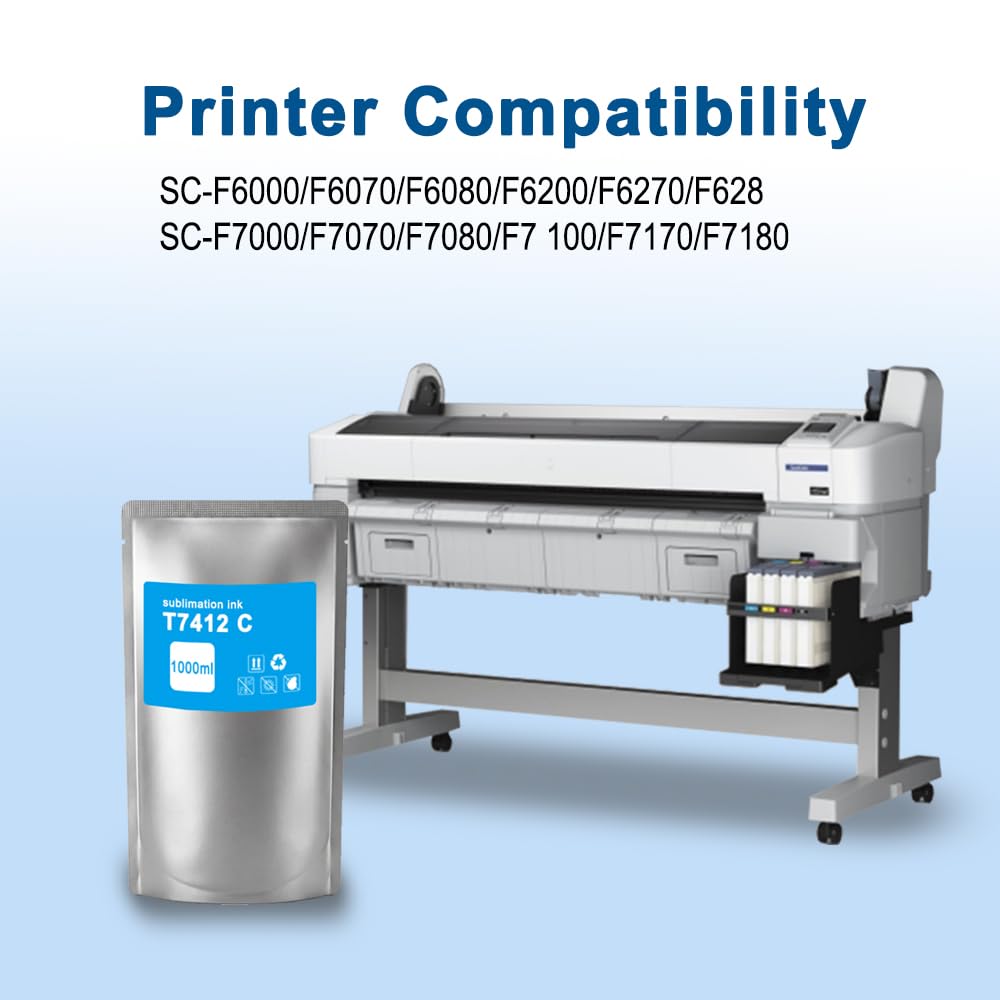 T7412 Dye Sublimation Encre Cyan 1000-ml pour Encre de Sublimation T7412 Compatible pour Epson Surecolor F6000 F7000 F7100 F6070 F7170 F9330 F6200 F7200 F9200 F9300 F9340 F7070