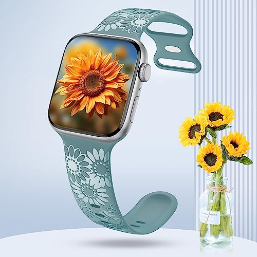 Image of Sunflower Engraved Band Compatible with Apple Watch Bands 38mm 40mm 41mm 42mm 44mm 45mm 49mm Women, Designer Soft Glossy Floral Silicone Strap for iWatch Series Ultra 11 10 9 8 7 6 SE 5 4 3 2 1