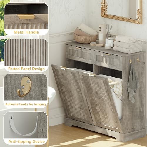 Image of Double 13 Gallon Tilt Out Trash Can Cabinet,Garbage Cabinet with Drawer | Hidden Garbage Storage with Fluted Design, Drawer & Hooks for Kitchen, Dining Room and Small Space Organization,Wood Grey