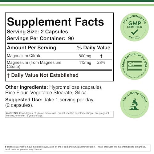Magnesium Citrate 800mg, 180 Capsules, Digestion & Constipation Support, Vegan Safe, Non-GMO, Double Wood Supplements