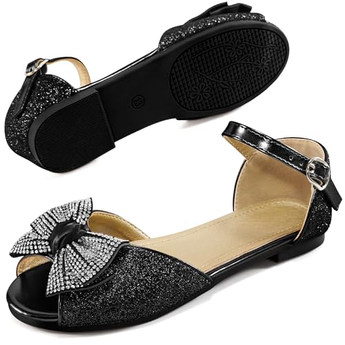 Image of Aomigoct Girls Dress Shoes Sandals : Black 1 Little Kid Glitter Princess Flats for Birthday Wedding Party - Big Kid School Walking Shoe
