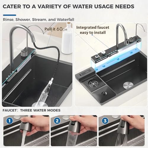 Image of B Backline Single Bowl Kitchen Sink - 32 inch X 19 inch X 9 inch Inches | Smart Kitchen Sink With Waterfall Tap & Dustbin | 304-Grade Stainless | All In One Sink With All Accessories - Black Matt Color