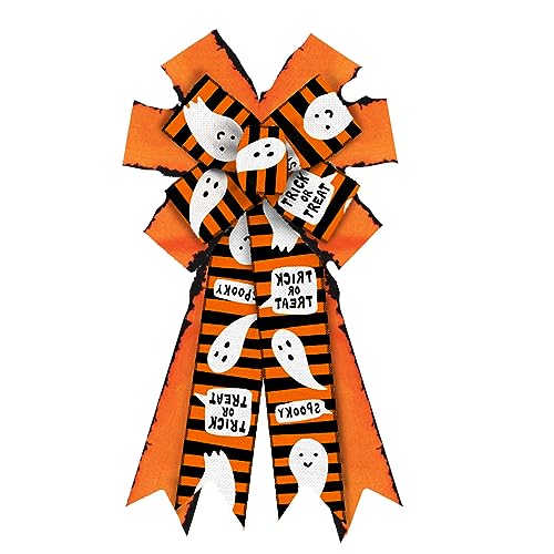 Large Halloween Wreath Bows Halloween Bows Orange Ghost Strips Words Burlap Bows for Wreaths, Halloween Ribbon Bows Tree Topper Bows for Home Indoor Outdoor Decoration Wreath Ornament Supplies