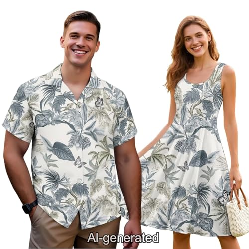 Image of Dreaweet Summer Dresses for Women A-Line Sleeveless Flowy Sun Dresses,Men's Casual Button-Down Shirts,Couple Matching Outfits