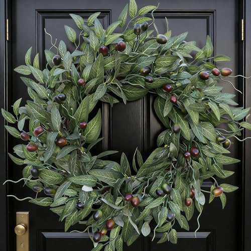 BHHDA Olive Wreaths 20 Inch Wreath for Front Door with Purely Handmade Realistic Dense Olive Leaf Olive Berry Elegant Home Decor Wreath Ideal for Front Doors Hallways Any Area You Want to Brighten