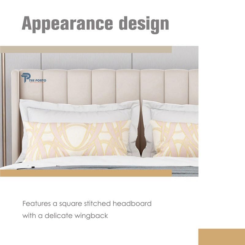 Image of Solid Wood Upholstered Single Bed for Bedroom Without Storage | Premium Fabric with Wingback Headboard | Wooden Single Bed Palang for Home | Stylish Single Cot Bed | 6 x 4 Ft, Cream