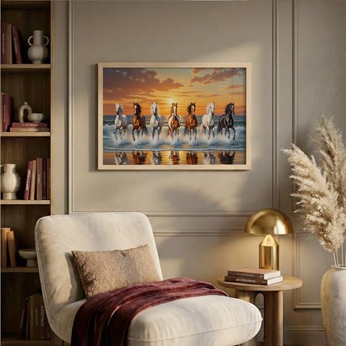 Image of Suneree 7 Horse Vastu Wall Painting - Running Horses Sunset Beach Landscape Framed Wall Art for Living Room & Office Decor (Natural, Design 10, 13x19 Inch)