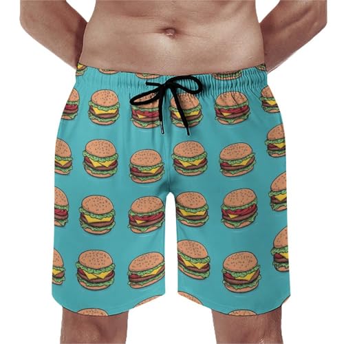 Hawaiian Shorts for Men - Comfy Cute Hamburger Green Print Mens Swim Trunks Bathing Suits with Mesh Lining