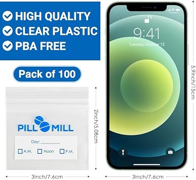 Pill Bag Count - Size 3 X 2 3 Mil Plastic Pill Organizer Bags Small Pocket Pill Baggies Travel Pill Pouch Daily AM PM Medicine Storage Pouches Locking Pill Carrier Container (100-Pack)