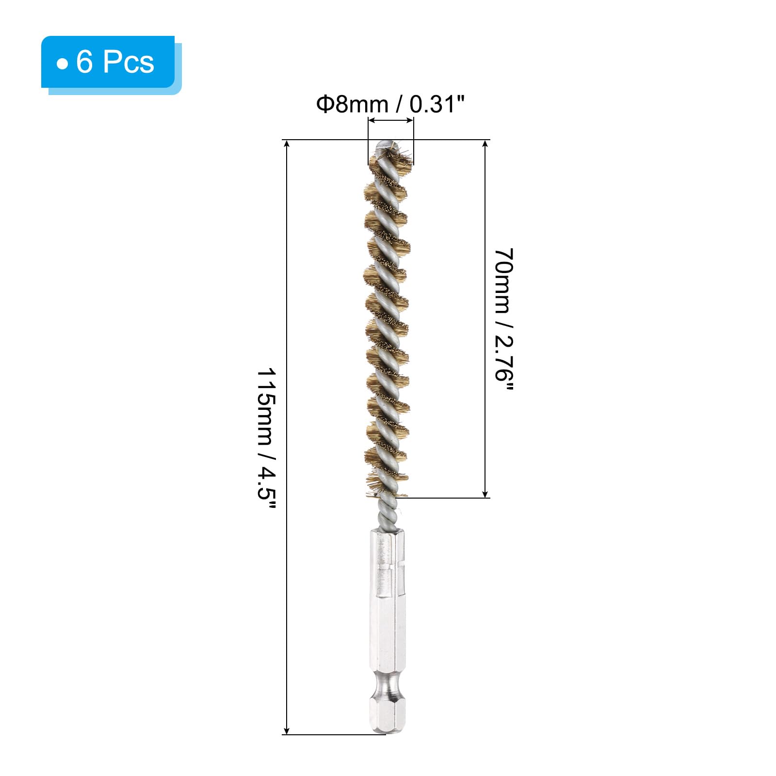 PATIKIL 8mm Dia Bore Brush, 6Pcs Brass Twisted Wire Cleaning Brush Pipe Cleaner with 1/4 Inch Hex Shank for Tubes, Ports, Bearings, Drill Driver, Brass Tone - Image 2