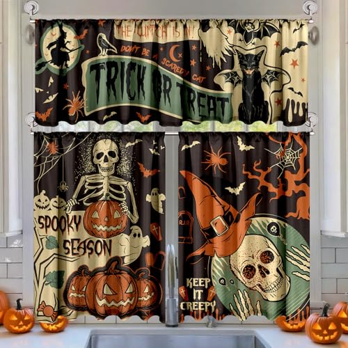 Breling 3 Pcs Halloween Kitchen Curtains Valances and Tiers Set for Windows Gothic Bats Skulls Witches Horror Decor Short Curtain Set for Bedroom Window Treatment Decor Party Favor Supplies