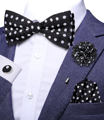 Image of Hi-Tie Pretied Bow Ties for Men Wedding Formal Bow Tie Handkerchief Cufflinks Lapel Pin Set Party Formal Mens Bowtie Set, Black White Dots, Medium