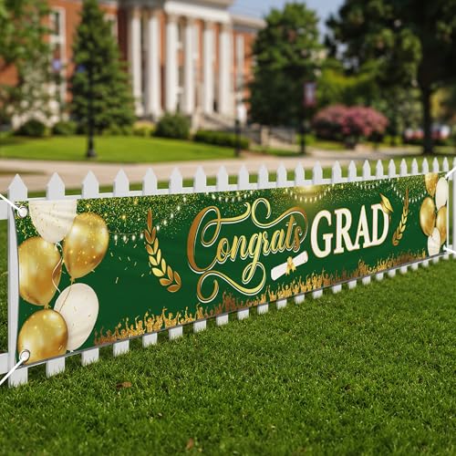 Image of Katchon, Xtralarge Green And Gold Congrats Grad Banner - 120x20 Inch | Graduation Yard Banner Class Of 2026 | Grad Banner Class Of 2026 Decorations | 2026 Graduation Decorations | Grad Party Decor