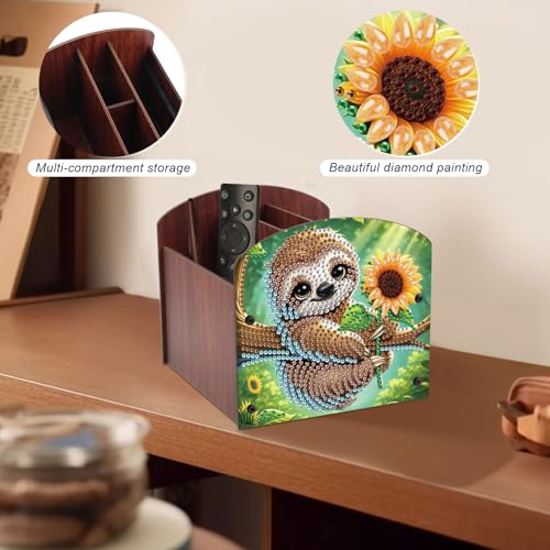 Image of Diamond Painting Wooden Desk Organizer, Sloth with Sunflower Design DIY Diamond Art Storage Box for Tabletop Decoration, Crystal Rhinestones Art Desktop Ornament Kit for Adults