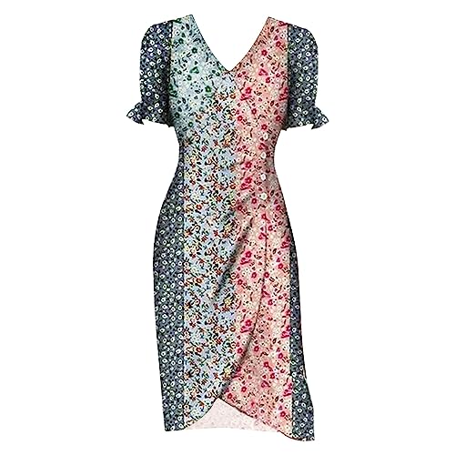 Kleider für Damen, V-Ausschnitt, mehrfarbig, fragmentiert, unregelmäßig, Blumendruck, taillierte Taille, schwarzes Maxikleid, Sommer, camouflage, M