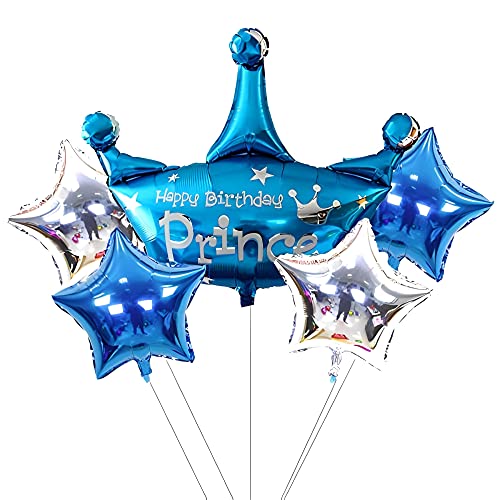 Image of Propsicle 36 inch Large Blue Prince Theme Birthday Decoration for Kids Crown Helium Foil Balloon Birthday Kids Item First Birthday Decoration - Pack of 5